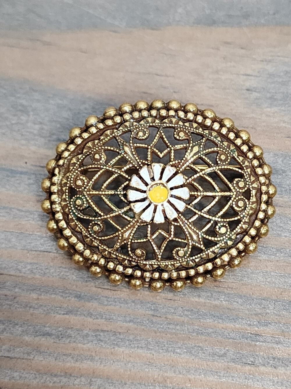 Gold Tone Metal Oval Filigree Brooch Pin, Art Nouveau Theme, No Stone